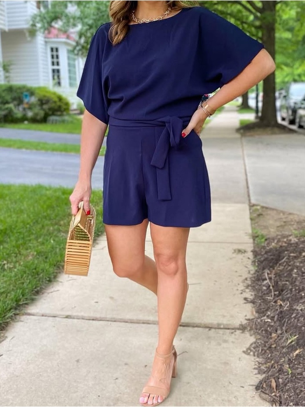 Navy Tie-Waist Short Sleeve shorts romper